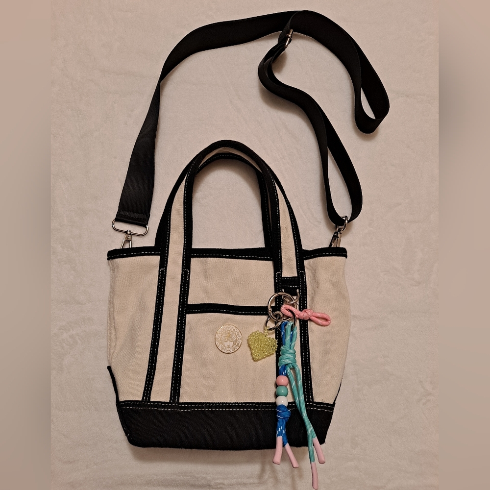 Madden Girl Black and Cream Canvas Tote Bag With Detachable Shoulder Strap